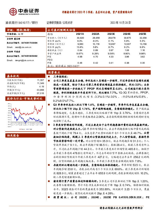 详解渝农商行2023年3季报：息差环比企稳，资产质量继续向好