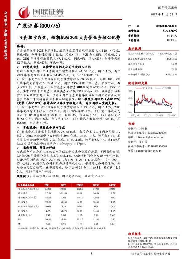 投资扭亏为盈，短期扰动不改大资管业务核心优势