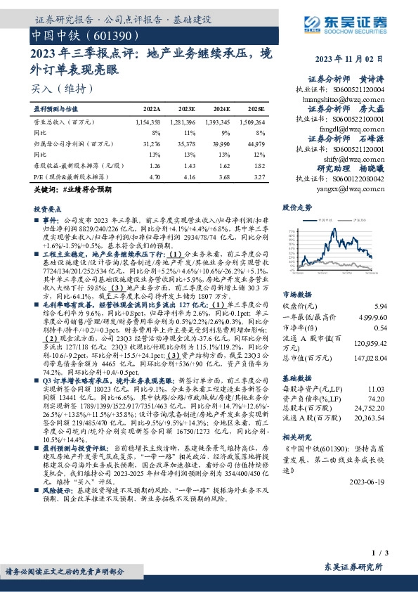 2023年三季报点评：地产业务继续承压，境外订单表现亮眼
