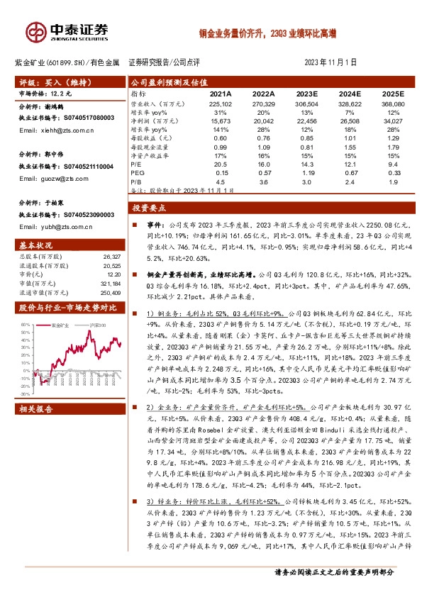 铜金业务量价齐升，23Q3业绩环比高增