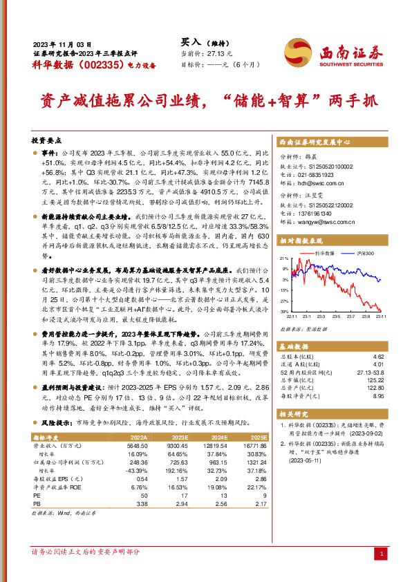 2023年三季报点评：资产减值拖累公司业绩，“储能+智算”两手抓