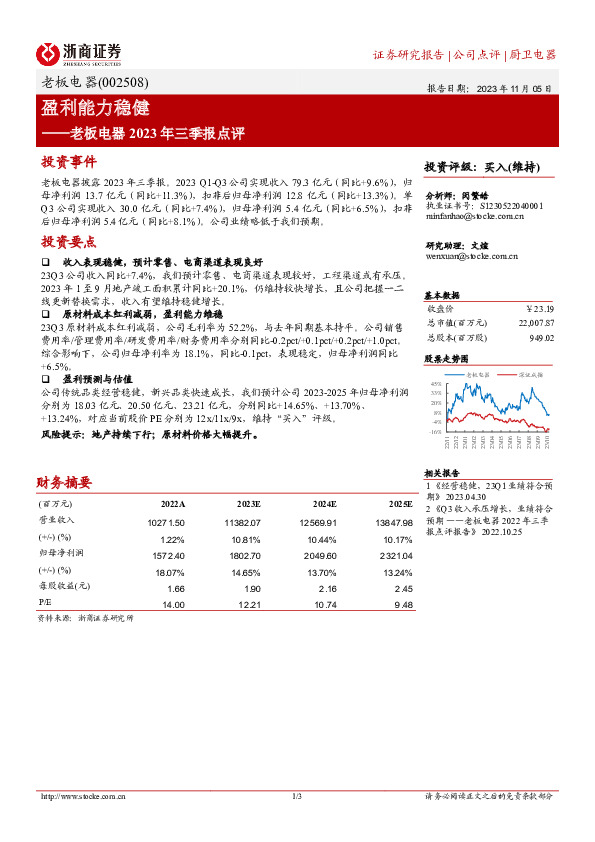 老板电器2023年三季报点评投资事件