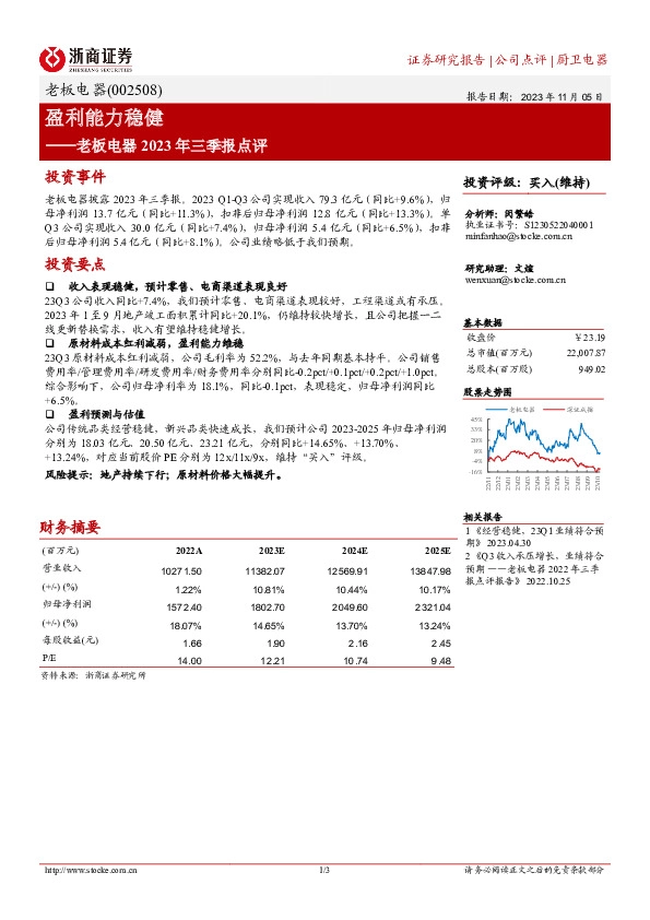 老板电器2023年三季报点评投资事件