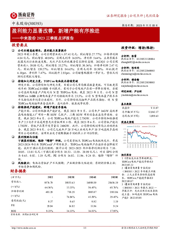 中来股份2023三季报点评报告：盈利能力显著改善，新增产能有序推进