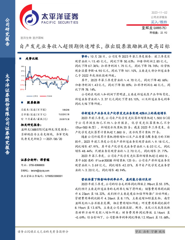 自产发光业务收入超预期快速增长，推出股票激励挑战更高目标
