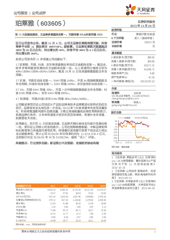 双11大促捷报频传，主品牌多渠道排名第一，天猫同增40%&抖音同增200%