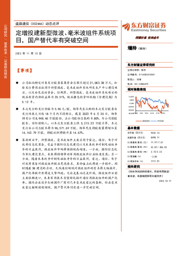 动态点评：定增投建新型微波、毫米波组件系统项目，国产替代率有突破空间