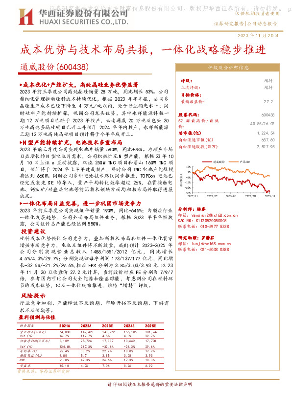 成本优势与技术布局共振，一体化战略稳步推进