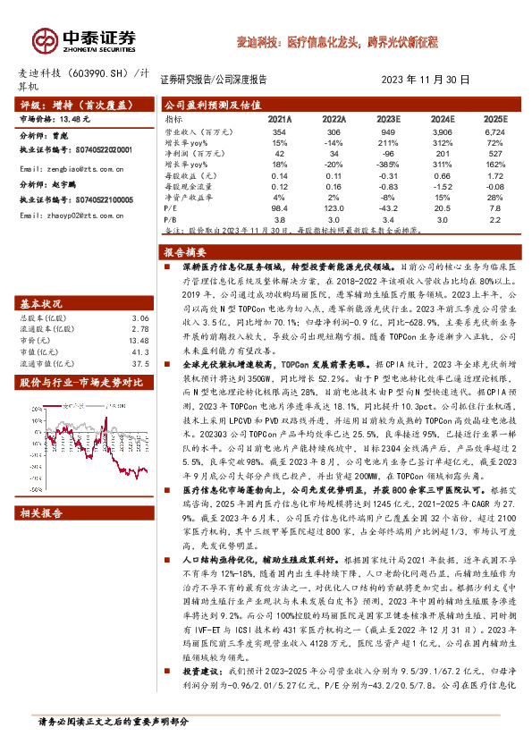 麦迪科技：医疗信息化龙头，跨界光伏新征程