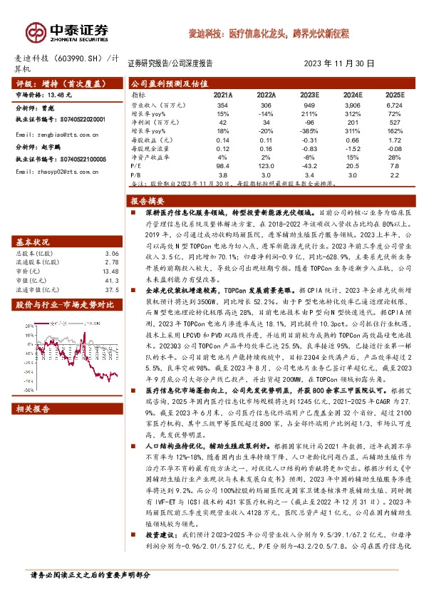 麦迪科技：医疗信息化龙头，跨界光伏新征程