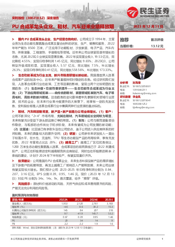 深度报告：PU合成革龙头企业，鞋材、汽车迎来业绩释放期