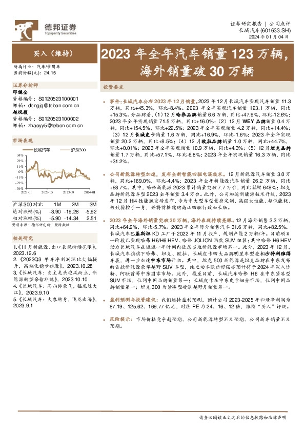 2023年全年汽车销量123万辆，海外销量破30万辆