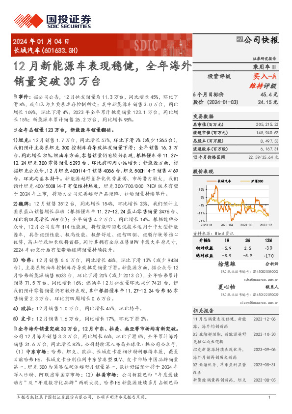 12月新能源车表现稳健，全年海外销量突破30万台