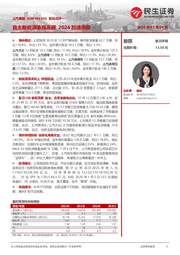 系列点评一：自主新能源表现亮眼 2024加速向新