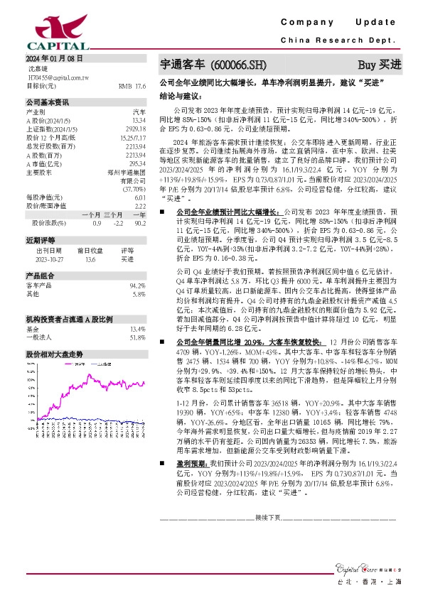公司全年业绩同比大幅增长，单车净利润明显提升，建议“买进”