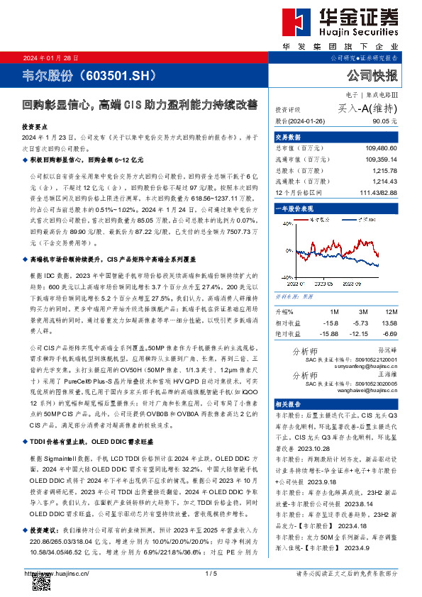 回购彰显信心，高端CIS助力盈利能力持续改善