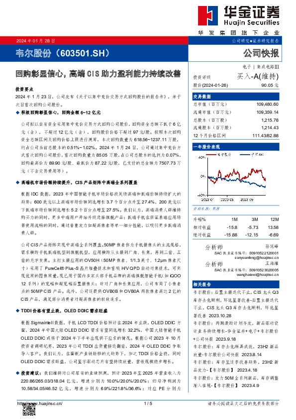 回购彰显信心，高端CIS助力盈利能力持续改善