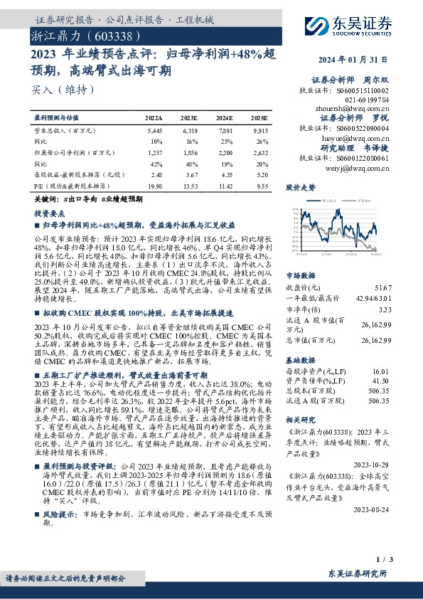 2023年业绩预告点评：归母净利润+48%超预期，高端臂式出海可期