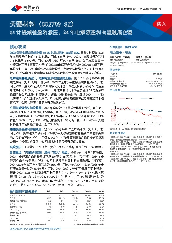 Q4计提减值盈利承压，24年电解液盈利有望触底企稳