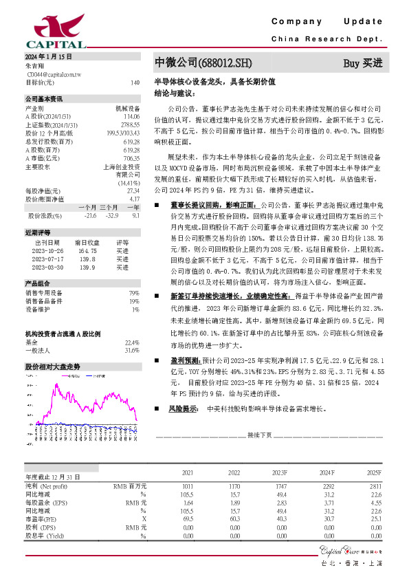 半导体核心设备龙头，具备长期价值