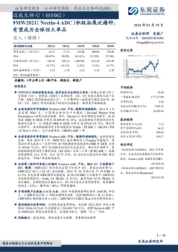 9MW2821（Nectin-4ADC）积极拓展泛瘤种，有望成为全球性大单品