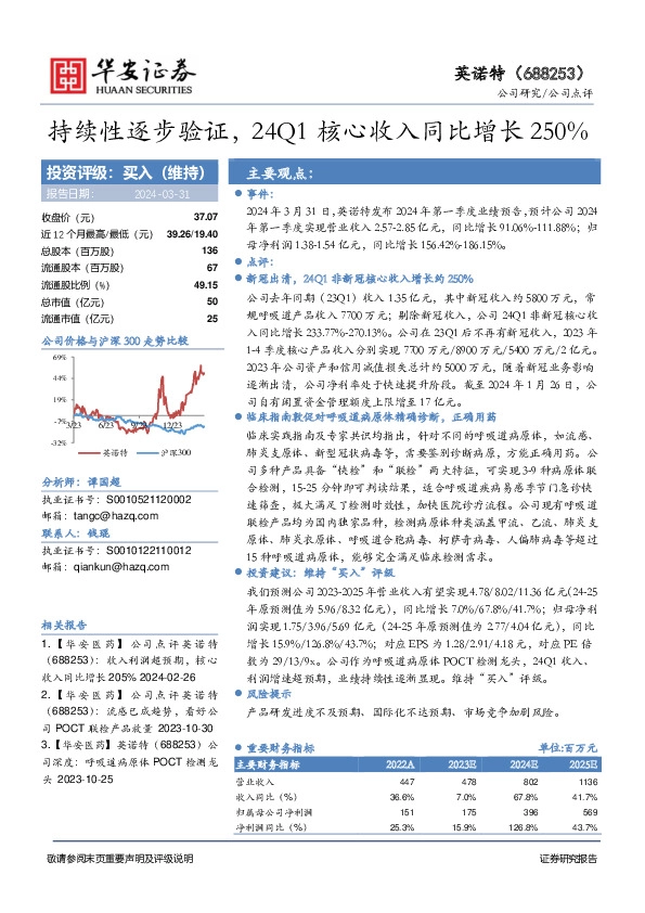 持续性逐步验证，24Q1核心收入同比增长250%