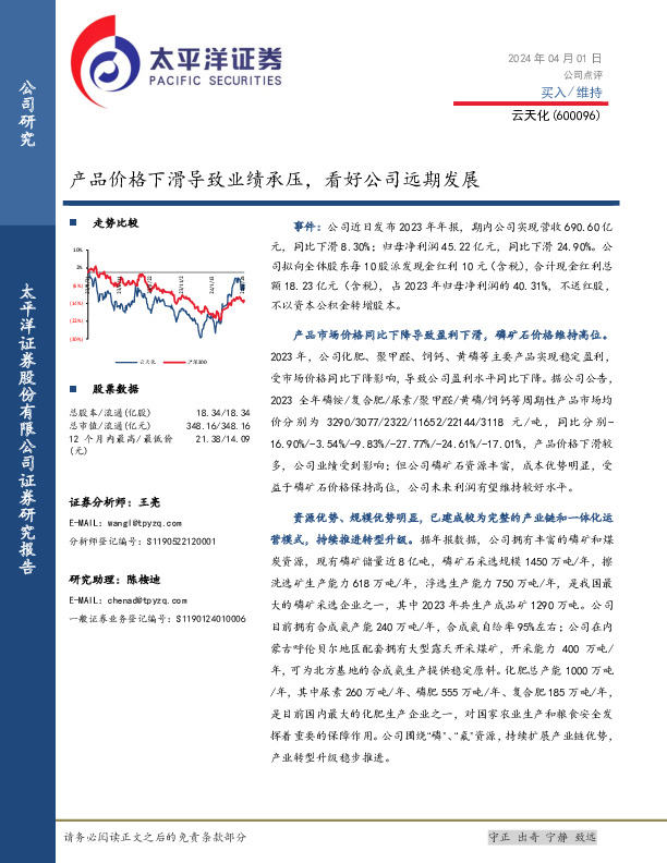 产品价格下滑导致业绩承压，看好公司远期发展