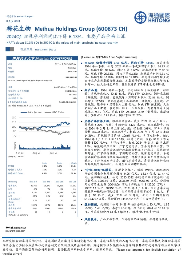 2024Q1归母净利润同比下降6.13%，主要产品价格上涨