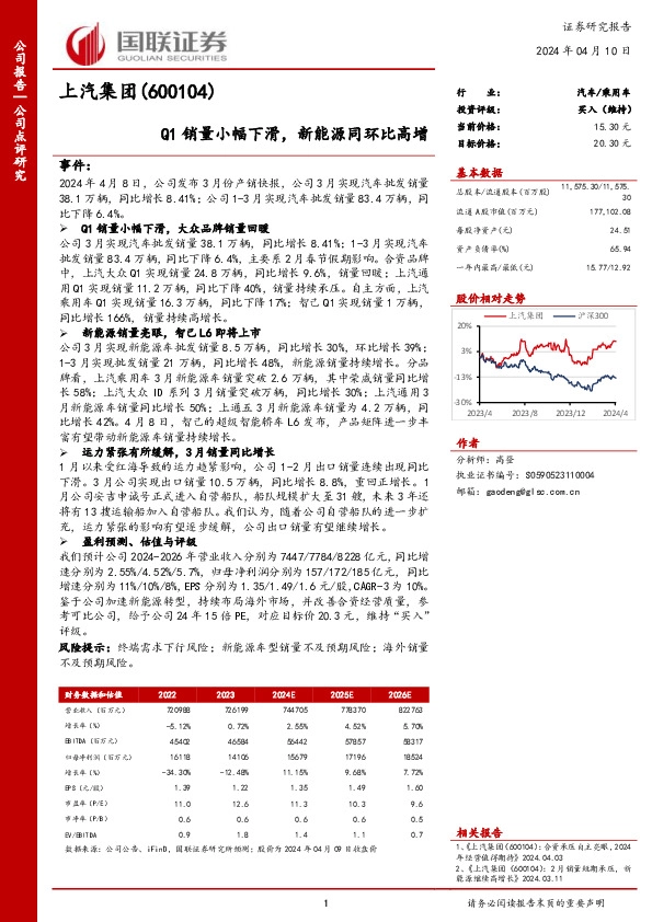 Q1销量小幅下滑，新能源同环比高增