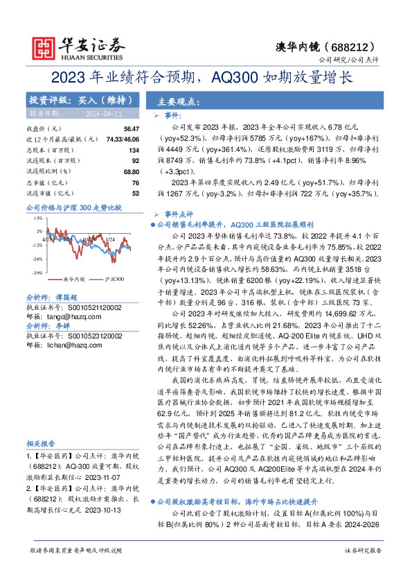 2023年业绩符合预期，AQ300如期放量增长