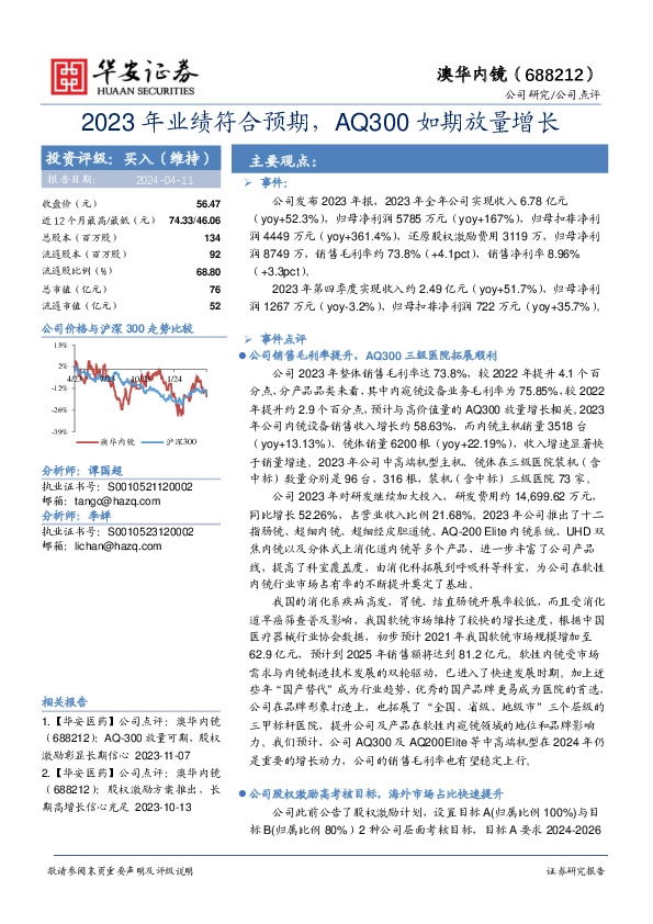 2023年业绩符合预期，AQ300如期放量增长