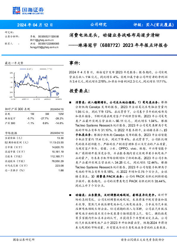 2023年年报点评报告：消费电池龙头，动储业务战略布局逐步清晰