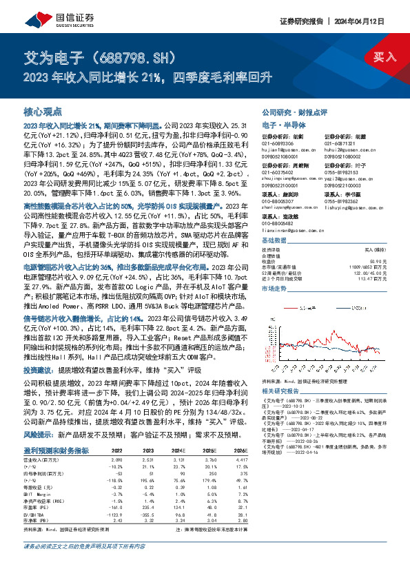 2023年收入同比增长21%，四季度毛利率回升