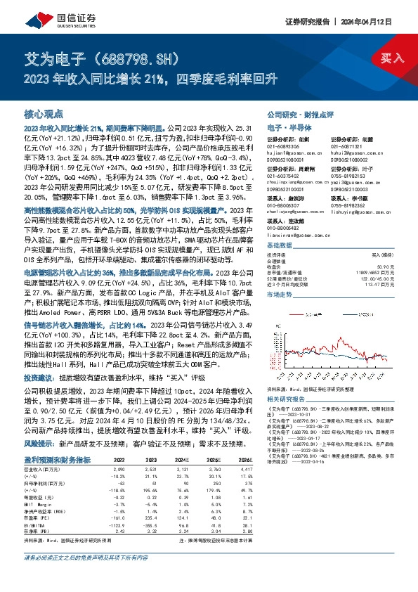 2023年收入同比增长21%，四季度毛利率回升