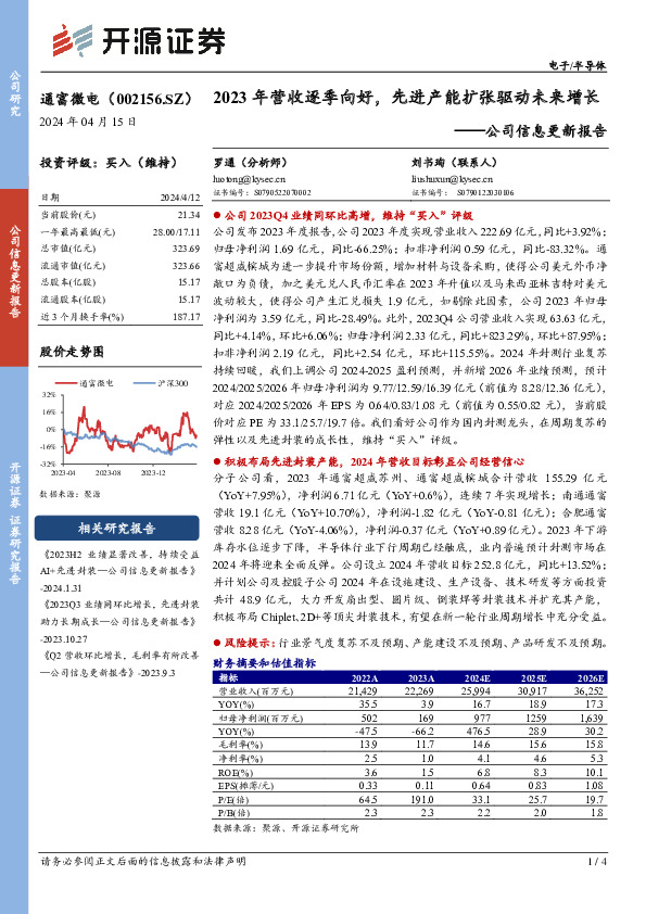 公司信息更新报告：2023年营收逐季向好，先进产能扩张驱动未来增长