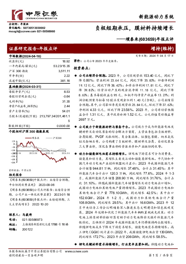 年报点评：负极短期承压，膜材料持续增长