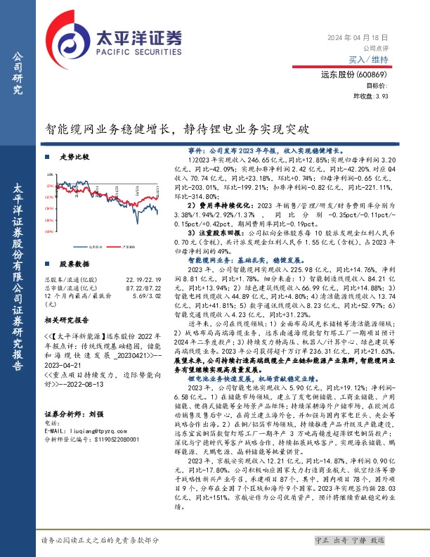 智能缆网业务稳健增长，静待锂电业务实现突破