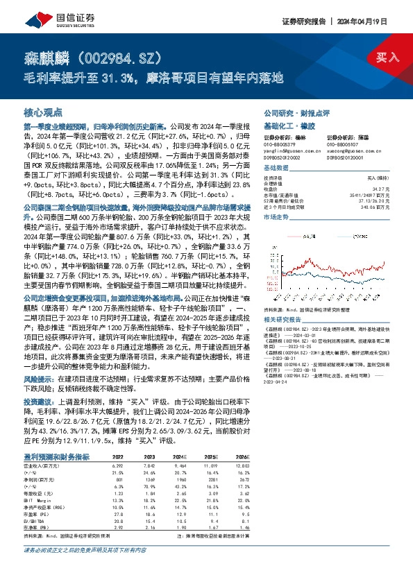 毛利率提升至31.3%，摩洛哥项目有望年内落地