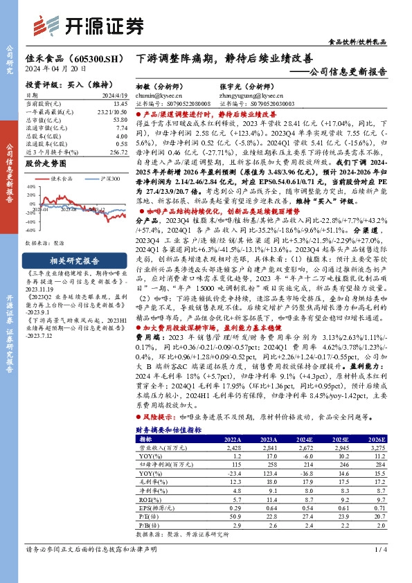 公司信息更新报告：下游调整阵痛期，静待后续业绩改善
