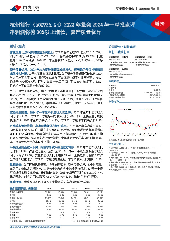 2023年报和2024年一季报点评：净利润保持20%以上增长，资产质量优异
