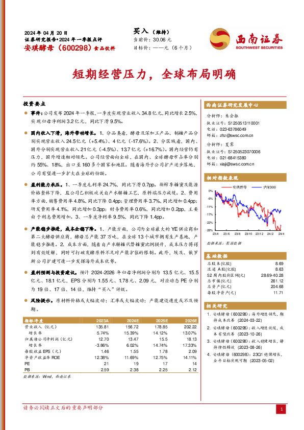 2024年一季报点评：短期经营压力，全球布局明确