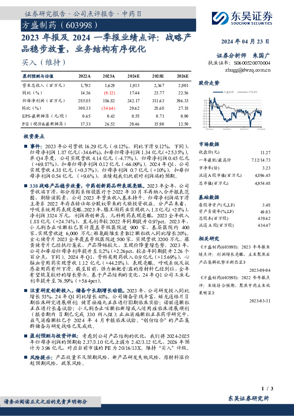 2023年报及2024一季报业绩点评：战略产品稳步放量，业务结构有序优化