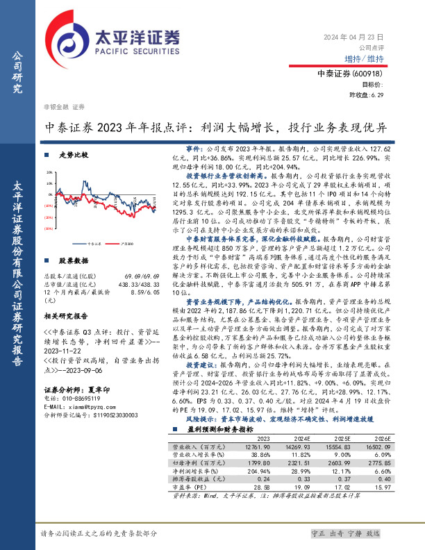 中泰证券2023年年报点评：利润大幅增长，投行业务表现优异