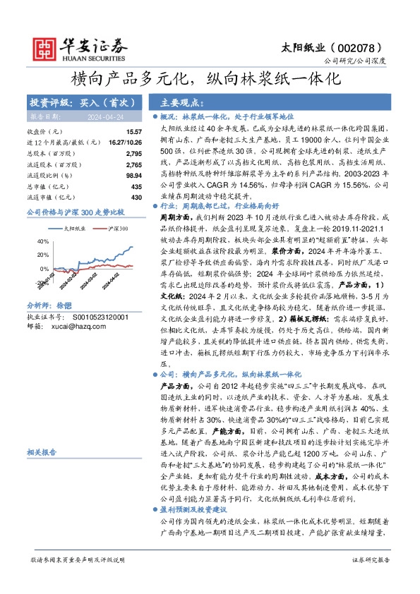 横向产品多元化，纵向林浆纸一体化