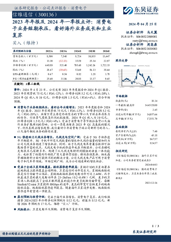 2023年年报及2024年一季报点评：消费电子业务短期承压，看好海外业务成长和主业复苏