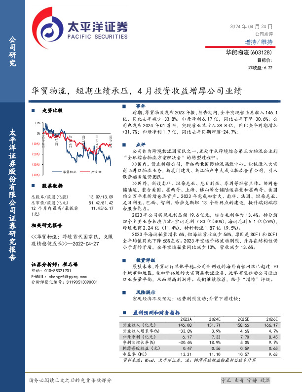 华贸物流，短期业绩承压，4月投资收益增厚公司业绩