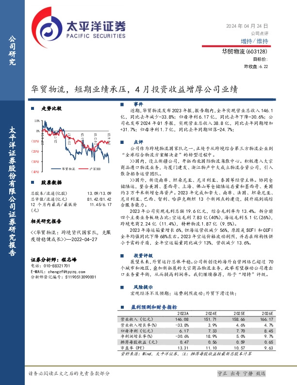 华贸物流，短期业绩承压，4月投资收益增厚公司业绩