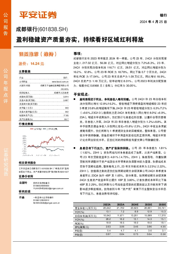 盈利稳健资产质量夯实，持续看好区域红利释放