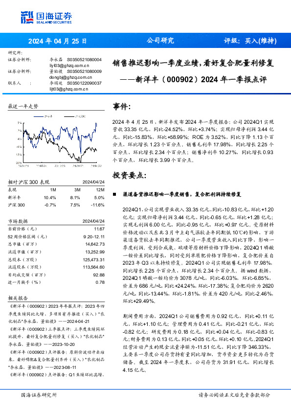 销售推迟影响一季度业绩，看好复合肥量利修复年一季报点评2024