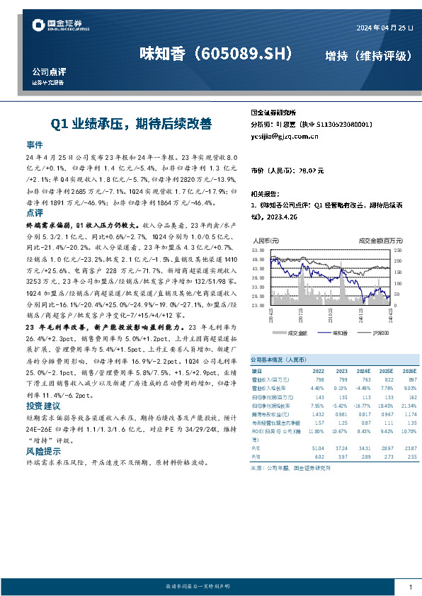 Q1业绩承压，期待后续改善